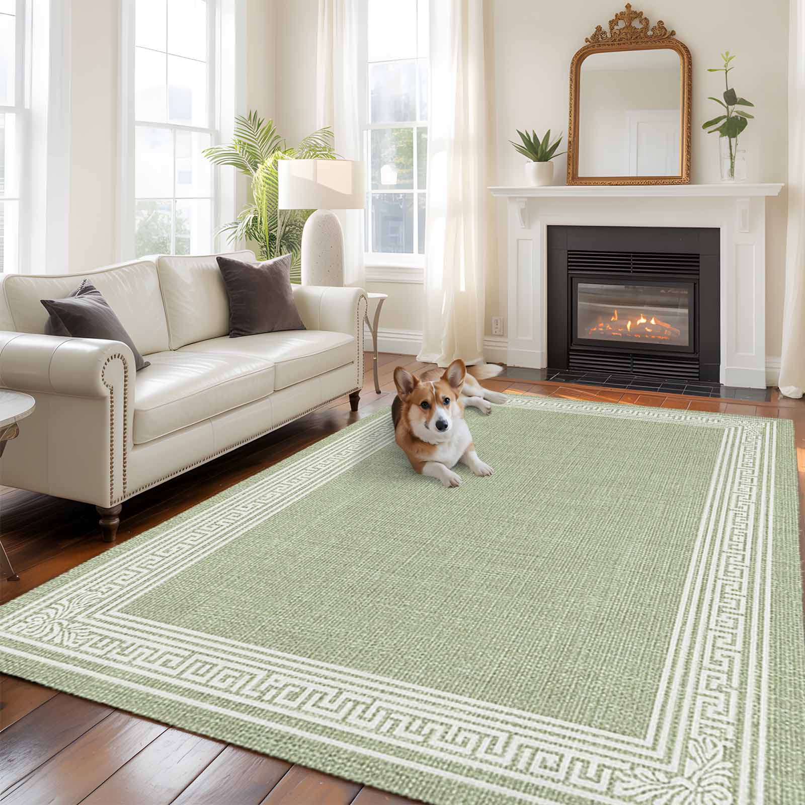 6x9 Area Rugs for Living Room, Sage Green Retro Greek Key Non Slip Area Rugs for Kitchen Bedroom Entryway, Geometric Greece Ancient Rustic Washable Carpet Runner Rug Floor Mats for Bedroom