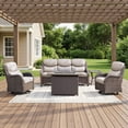 thumbnail image 3 of POCASSY 5-Piece Patio Furniture Set with Fire Pit Table, Luxury High Back Rattan Wicker Outdoor Conversation Set with 5-inch Thick Seat Cushion Sofa and Swivel Glider Patio Chair for Porch, 3 of 18