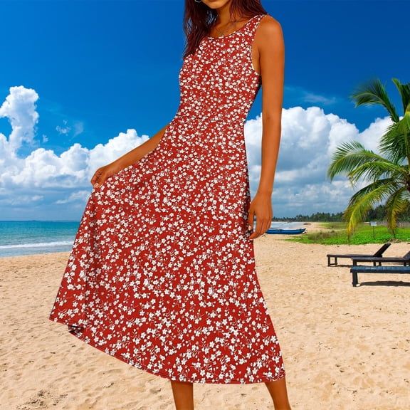 PNTUTB Summer Fashion Women's Print Round Neck Casual Loose Comfortable Resort Style Sleeveless Maxi Dress