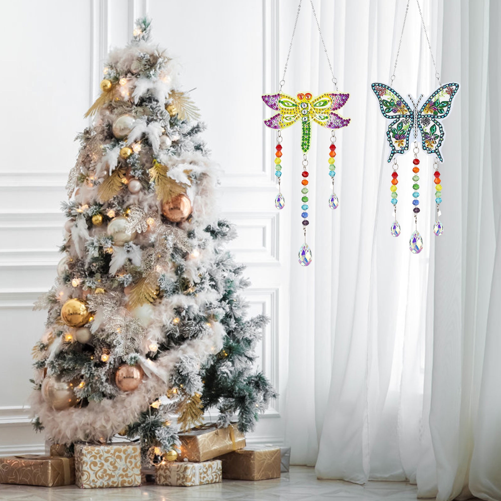 LUSandy DIY 2Pcs 5D Christmas Tree Wreath Diamond Painting Suncatcher Kits  for Adults Crystal Xmas Diamond Art Sun Catcher Hanging Ornament Wind Chime