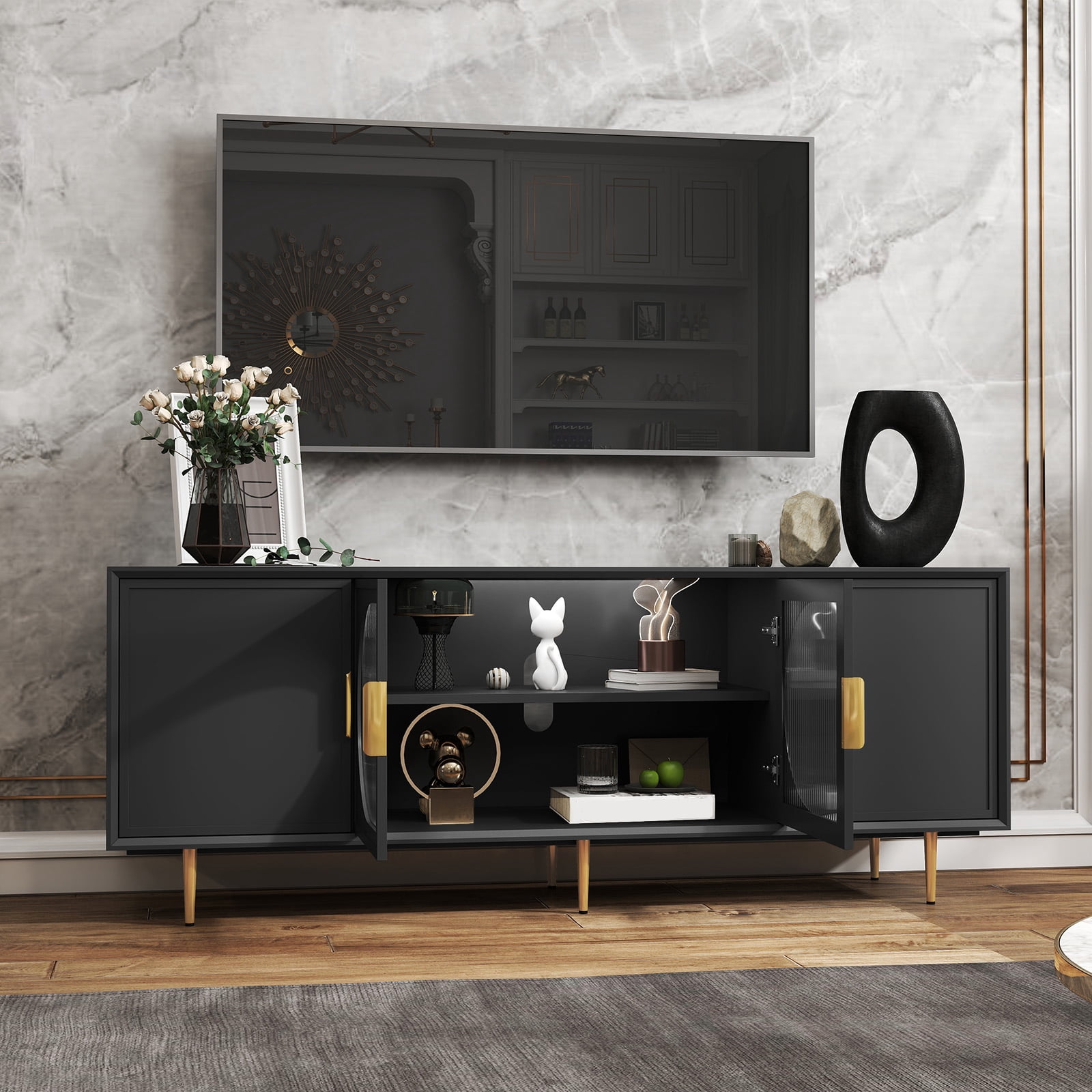 HLR Modern 66" TV Stand, for TVs up to 75", Living Room Entertainment Center with Glass Storage Cabinet, Black