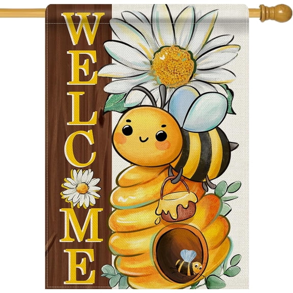 Welcome Spring Summer Bumble Bee Decorative Garden Flag, Daisy Flower Honeycomb Yard Outside Home Decorations, Farmhouse Honey Floral Burlap Outdoor Small Decor Double Sided 12 x 18
