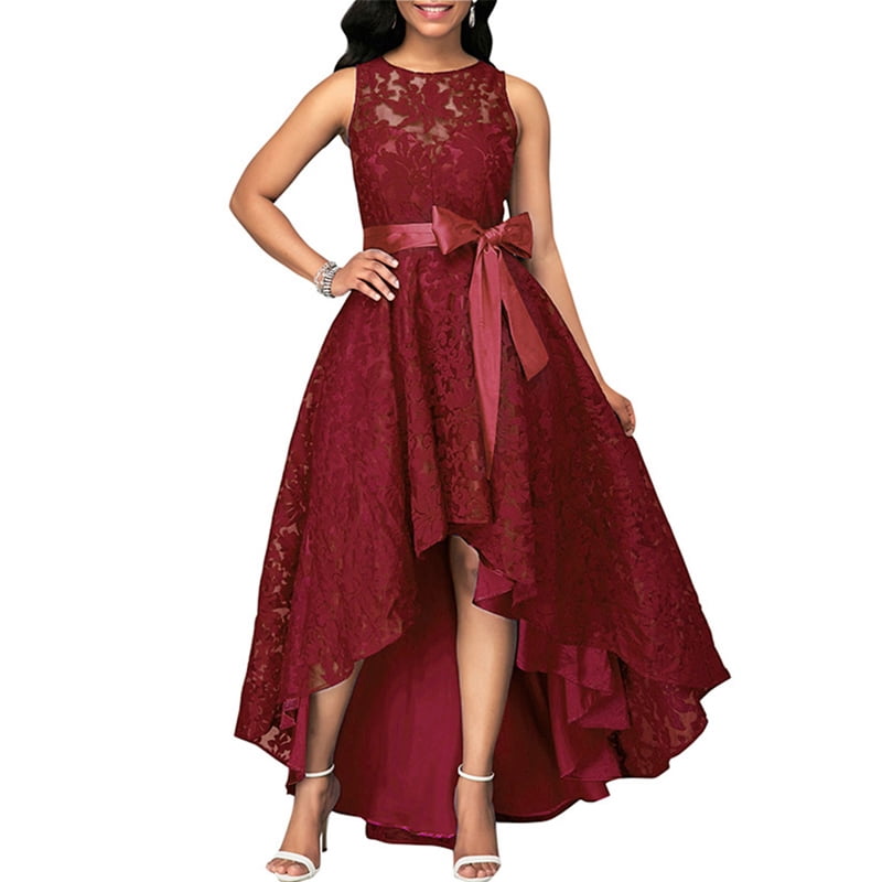 high low belted sleeveless lace dress