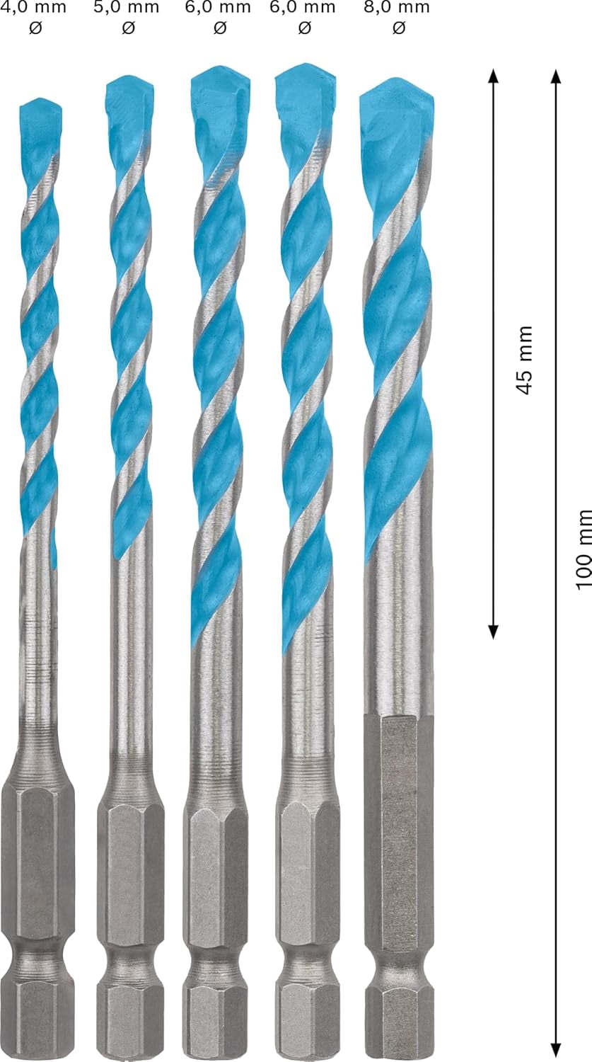 Bosch 5X Expert HEX-9 Multi Construction Drill Bit Set (for Concrete, Soft Tiles, Ø 4-8 mm, Professional Accessory Impact Drill/Driver, Rotary Drill/Drivers)