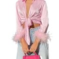 thumbnail image 2 of Camisas elegantes con plumas para mujer, camisa elegante de satén con cordones y lazo, ropa de calle Sexy de manga larga para discoteca 2023, 2 of 5