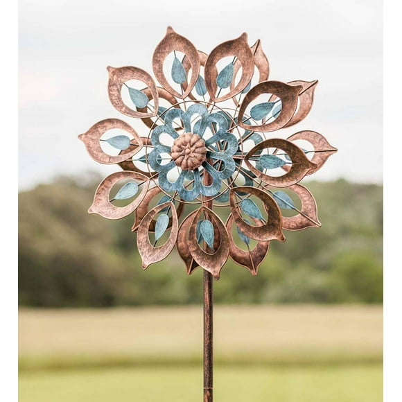 Mesmerizing Copper Lily Wind Spinner Dual-Tone | Petal-in-Petal Design | Independent Rotors | Brushed Copper & Antique Blue |All Seasons | 24" Wx75 H