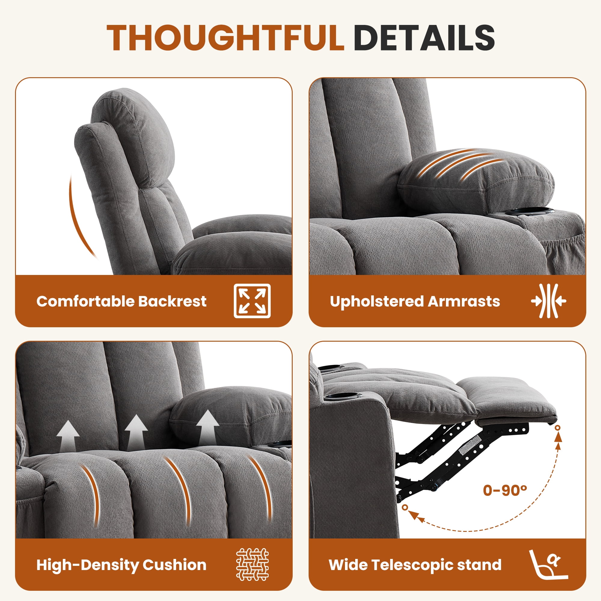 Alvantor Swivel Recliner Chair with Massage & Heat for Adults, Single Rocker Sofa with Cup Holders for Bedroom Home Theater Gray