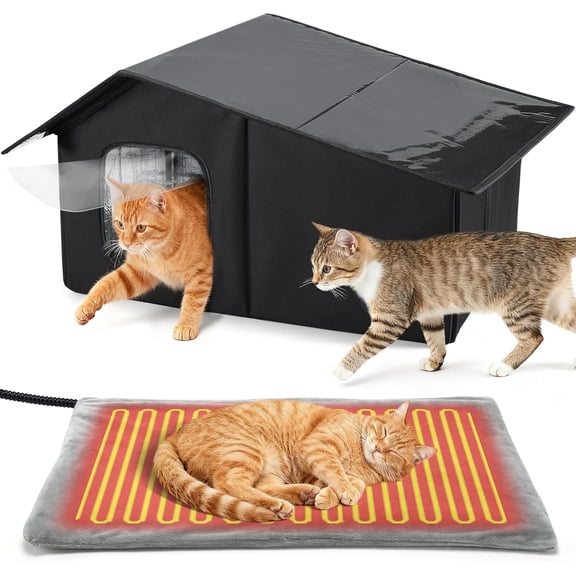 Weatherproof Heated  Houses for Outdoor Cats - Insulated  Shelter for Winter with Thermostatic Heating Pad and Escape Door, Warm Outside Pet House  for 2-3 Feral Cats (Black)