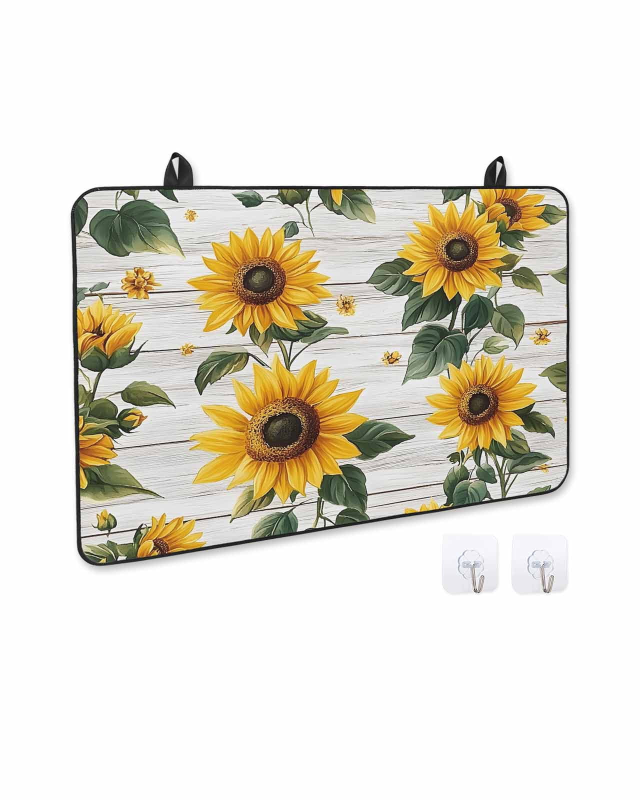 nqOlkjepod Large Induction Cooktop Protector Mat 36"x21", Yellow Sunflowers Stove Top Covers for Electric Stove, Country Botanical Floral Wooden Grain Stove Burner Cover Mats, Glass Top Stove Cover