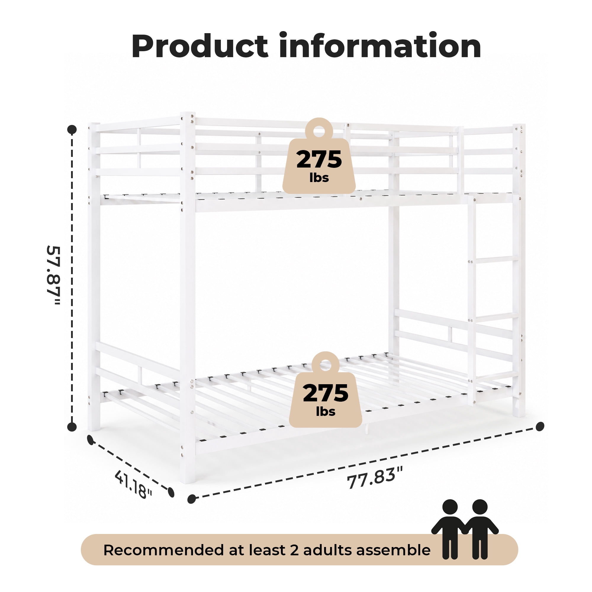 Alvantor Bunk Bed Twin over Twin, Metal Low Bunk Bed for Kids with Ladder and Anti-tip Bracket White