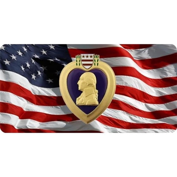 212 Main LPO5775 6 x 12 in. Purple Heart on Wavy American Flag Photo License Plate