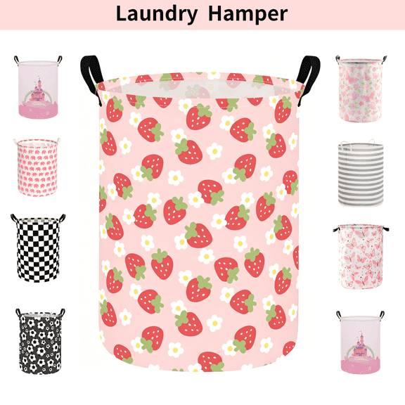 NOTIVIBE Collapsible Laundry Hamper Basket, Waterproof Fabric Storage Basket Gift Bag with Handles, Large Capacity Clothes Organizer for Bedroom, Nursery, Bathroom, Kids Room,Pink Strawberry