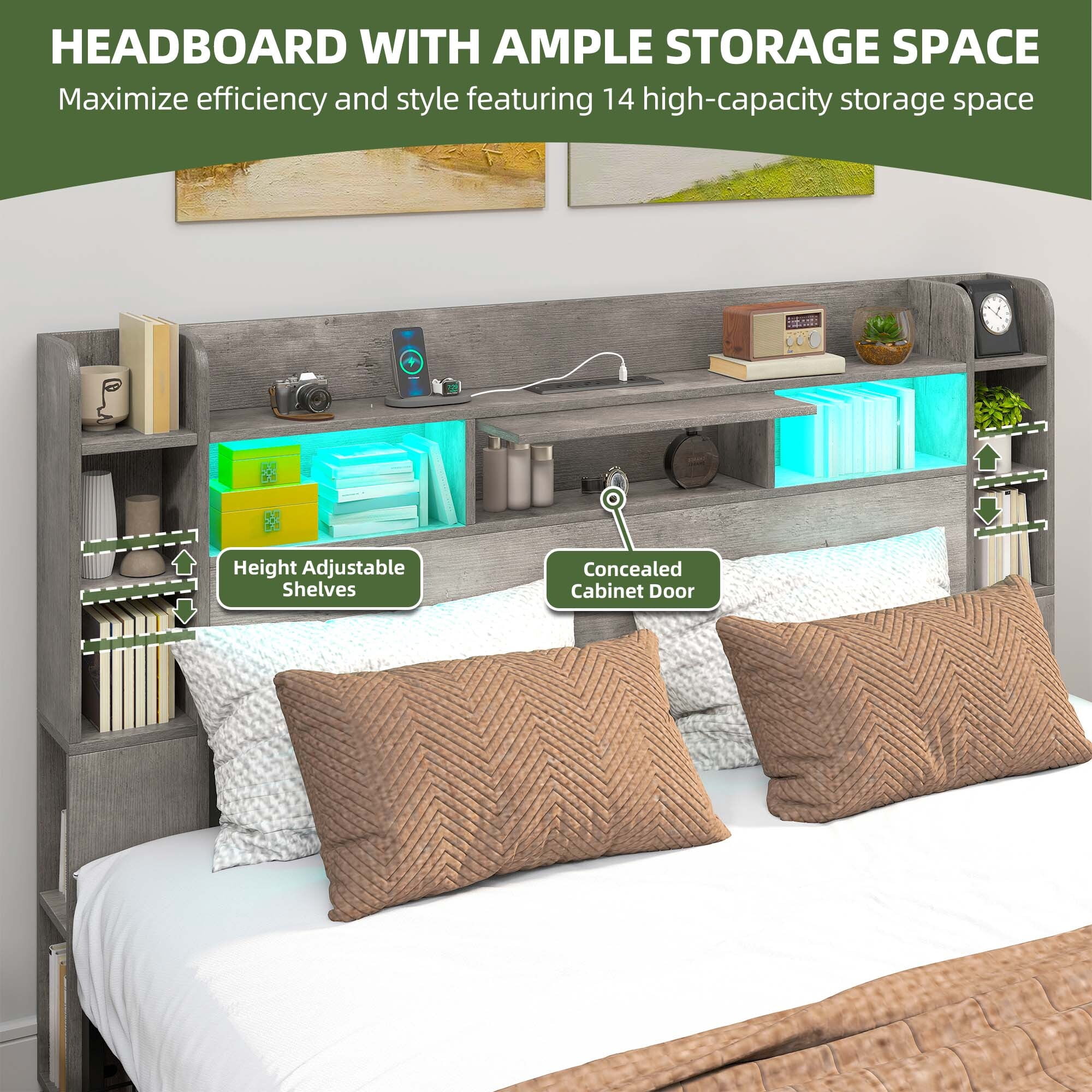 Uforic King Size Bed Frame with Bookcase Headboard, 4 Storage Drawers & RGB LED Lights (Grey, No Box Spring Needed)