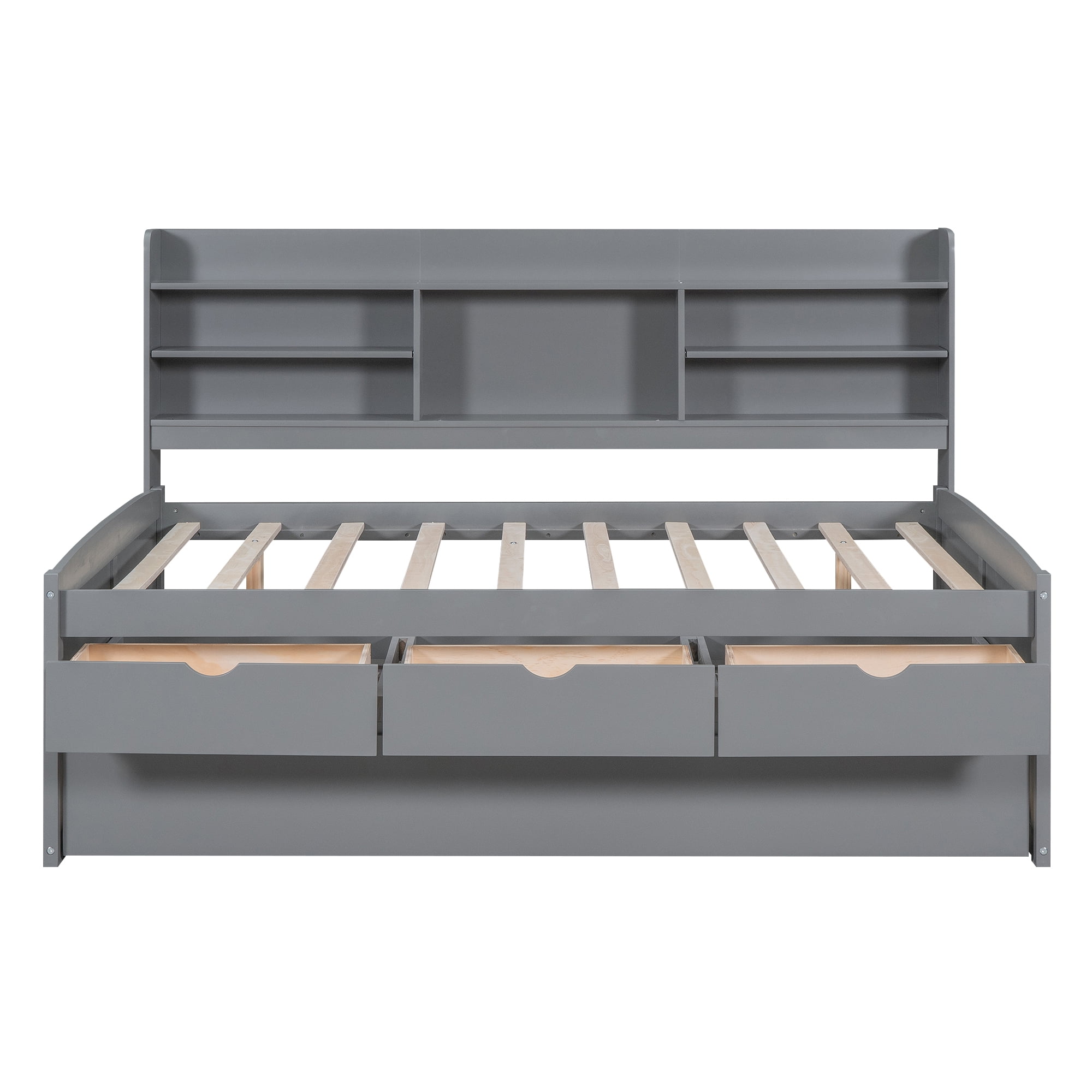 Euroco Wood Full Size Daybed with Trundle and Drawers, Wood Captain Platform Bed for Kids Teens, Light Gray