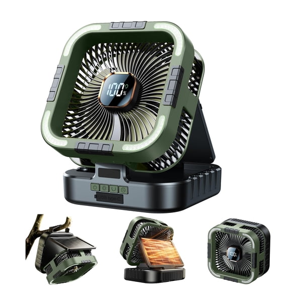 Ventilador solar para acampar KIMMOO de 10000 mAh con luz, 6 velocidades, temporizador