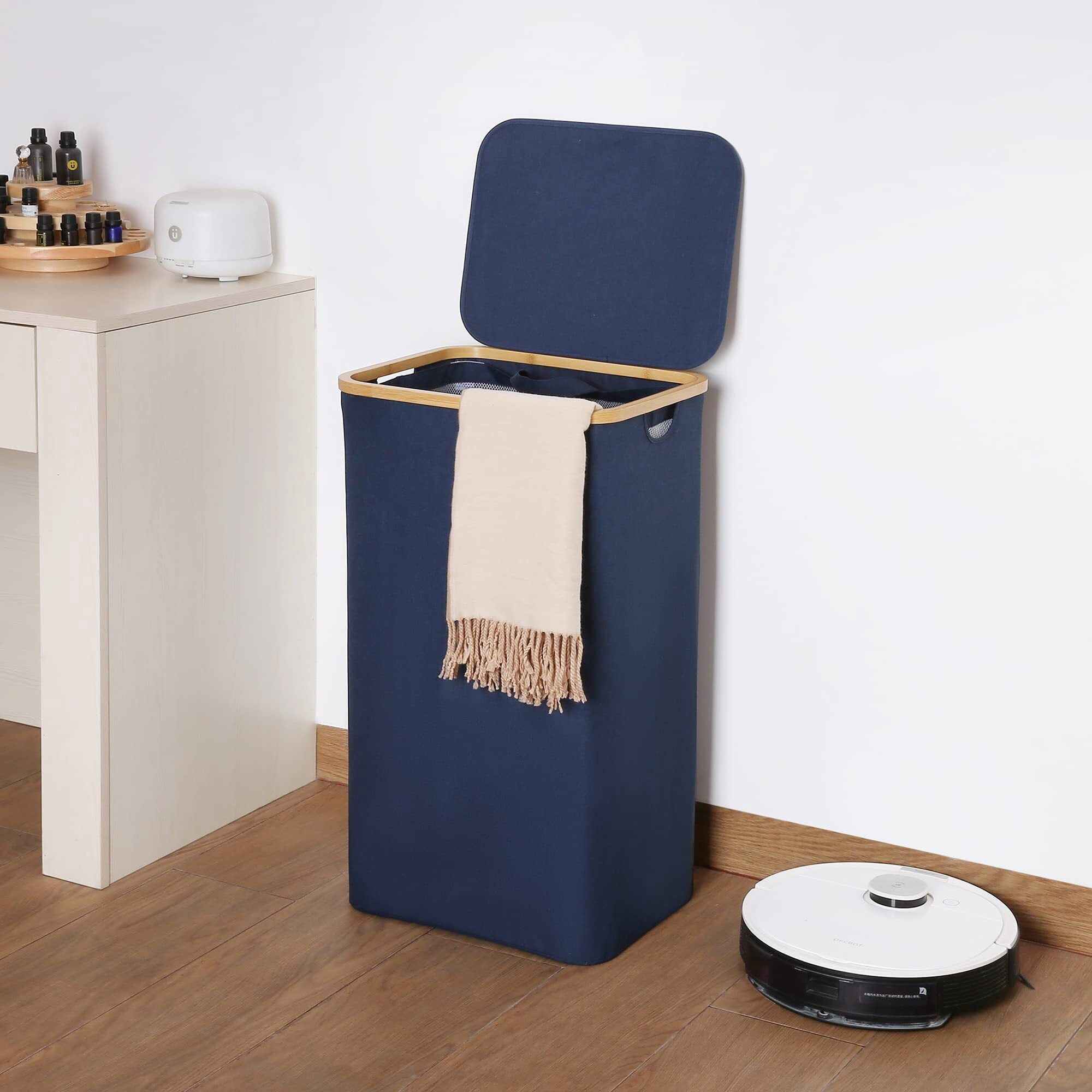 Efluky Laundry Basket with Lid and Removable Bag, 100L Tall Laundry Hamper with Bamboo Handles, Aesthetic Dirty Clothes Bin for Laundry Room, Bathroom, Bedroom and Dorm, Blue