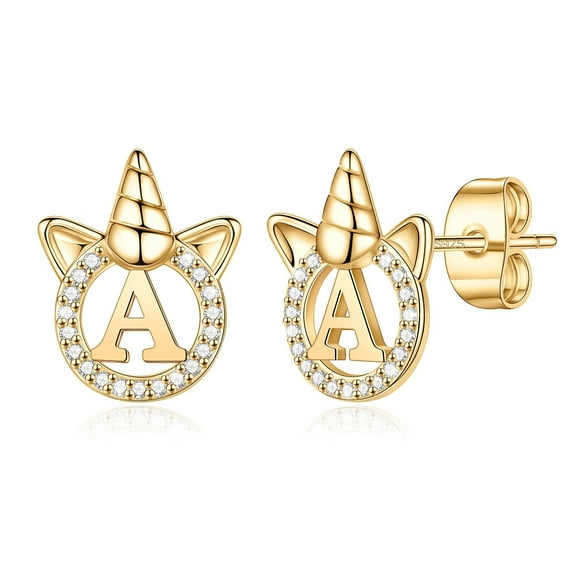 AUNOOL Unicorns Gifts for Women Earrings, S925 Sterling Silver 14K Gold Plated Initial Unicorn Stud Earrings for Women