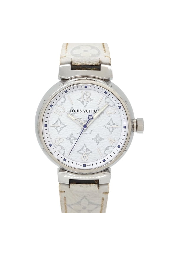 Pre-Owned Louis Vuitton Tambour GM Monogram White QA114 Men's Watch Quartz