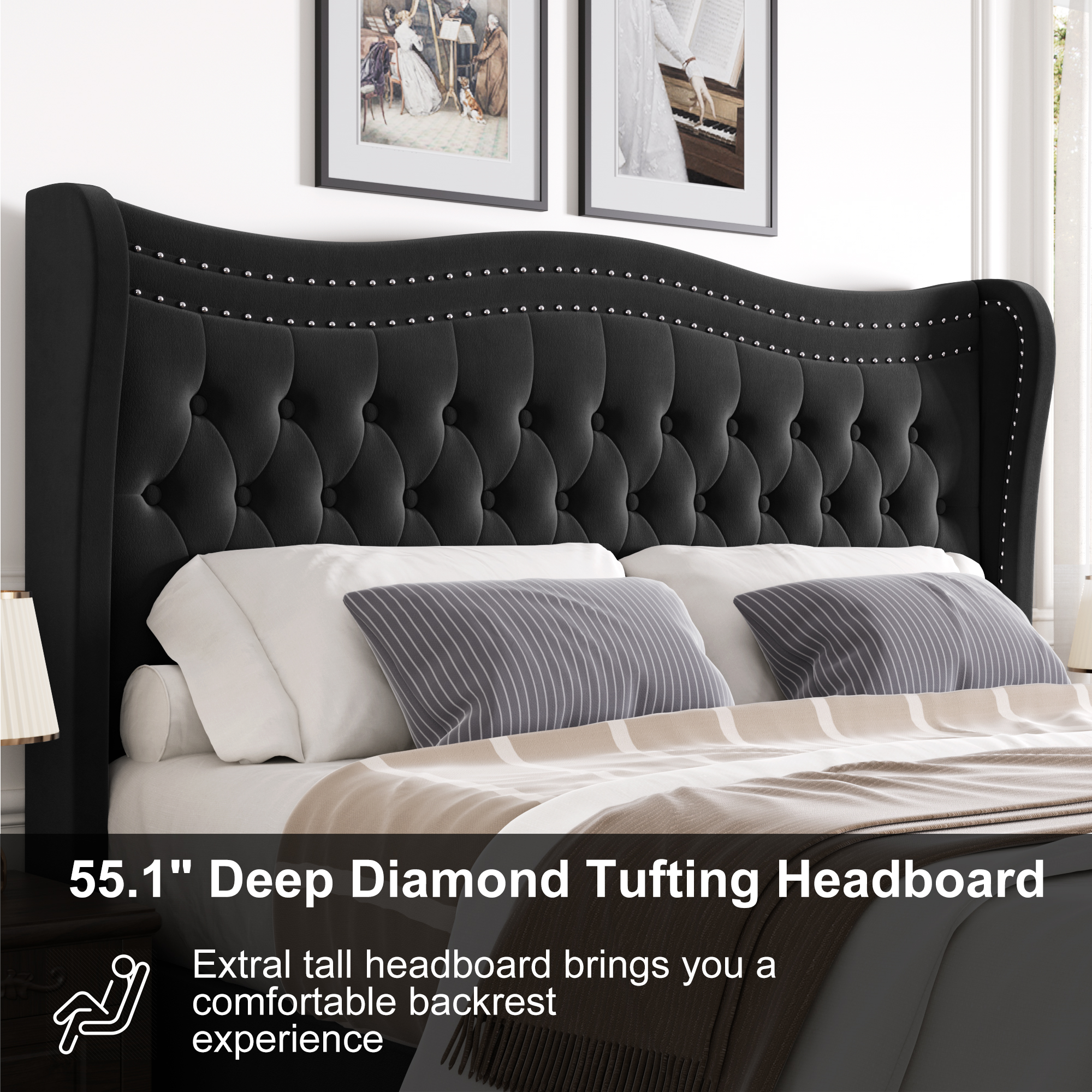 BSHTI Full Size Upholstered Bed Frame with Wingback Headboard – Velvet Diamond Tufting & Double Nail Trim, No Box Spring Needed, Black