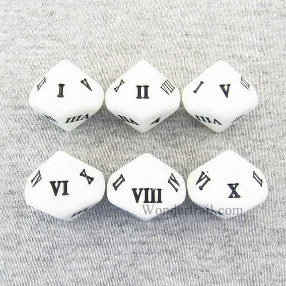 KOP14128 Roman Numeral White Dice with Black Numbers D10 20mm (25/32in) Pack of 6 Kaplow Games