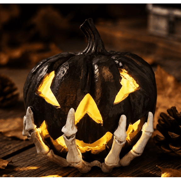 8.6" Halloween Decorations Home Decor Led Light up Skeleton Holding-hollow Pumpkin Figurine Resin Statue Tabletop Ornament Halloween Table Centerpiece Holiday Gifts, Halloween Decor Indoor Tabletop