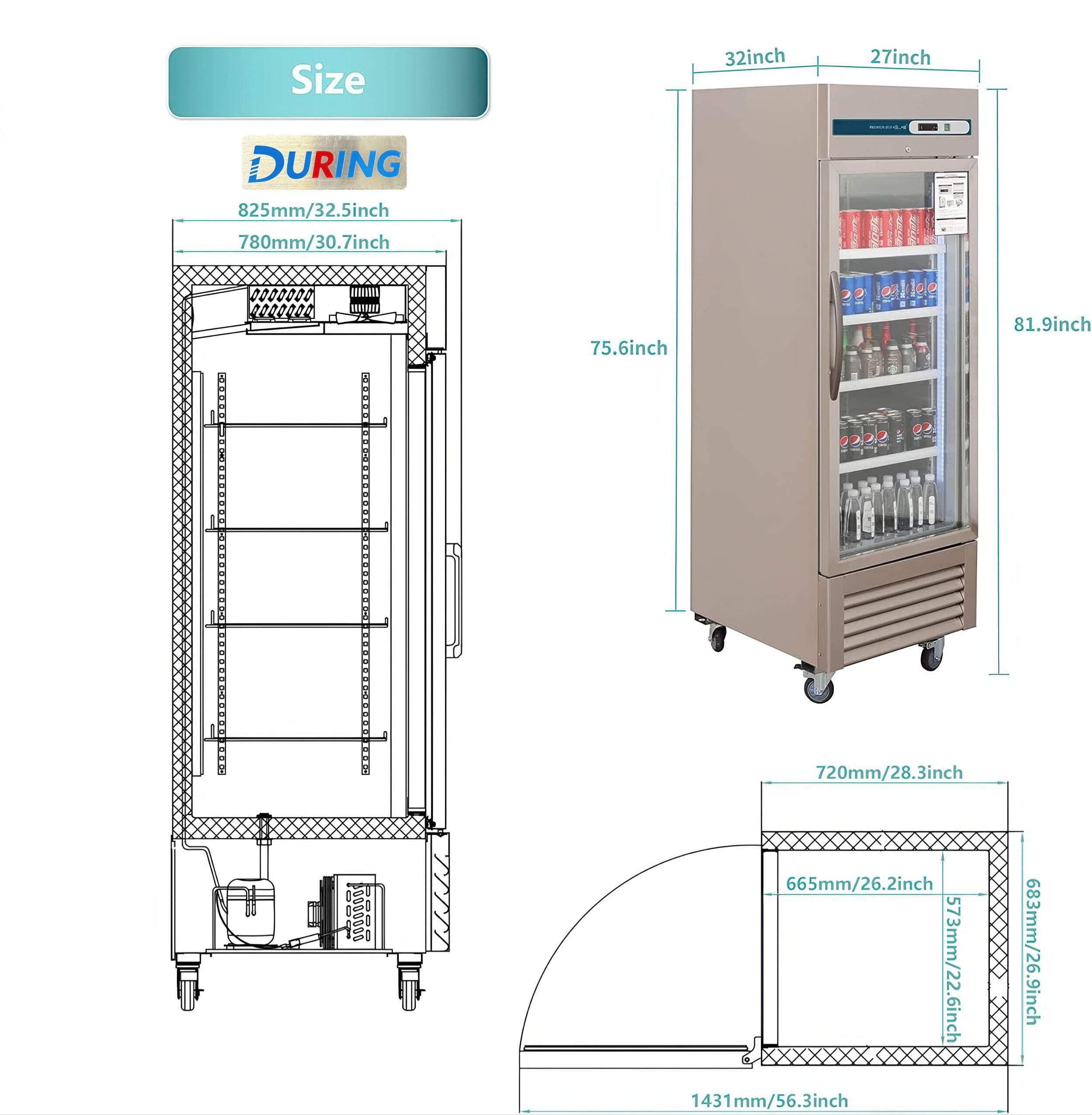 During D-KR-27BG 27" Commercial Glass Door Refrigerator 23 Cu.ft