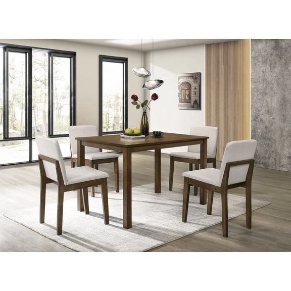Dark Walnut 5pc Dining Set Table w 4x Side Chairs Rubber wood Beige Cushion Seat Back Burlap Fabric Dining Room Furniture