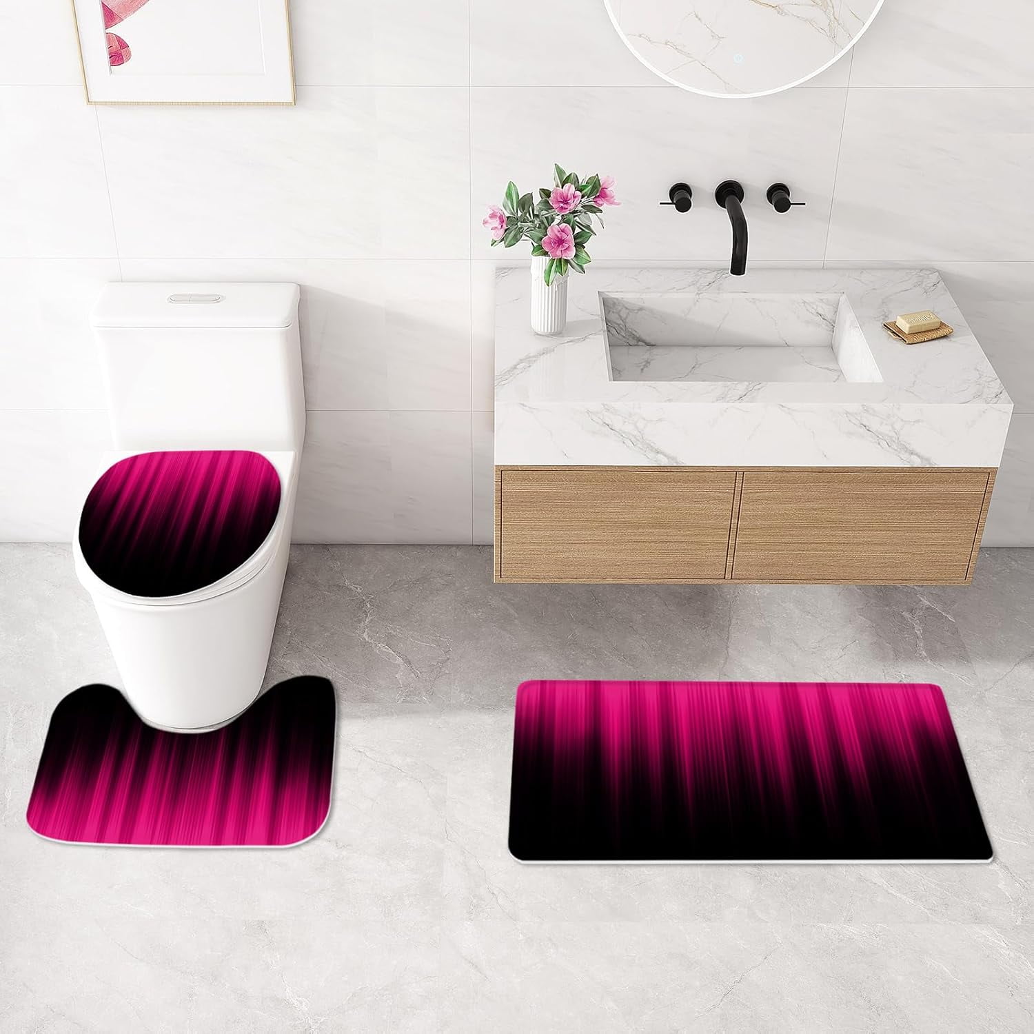 Red and Black Gradient Shower Curtain Set with Rugs and Toilet Lid Cover, Modern Simple Waterproof Fabric Bathroom Set, Ombre Stripe Gothic Abstract Bathroom Decor Set Accessories