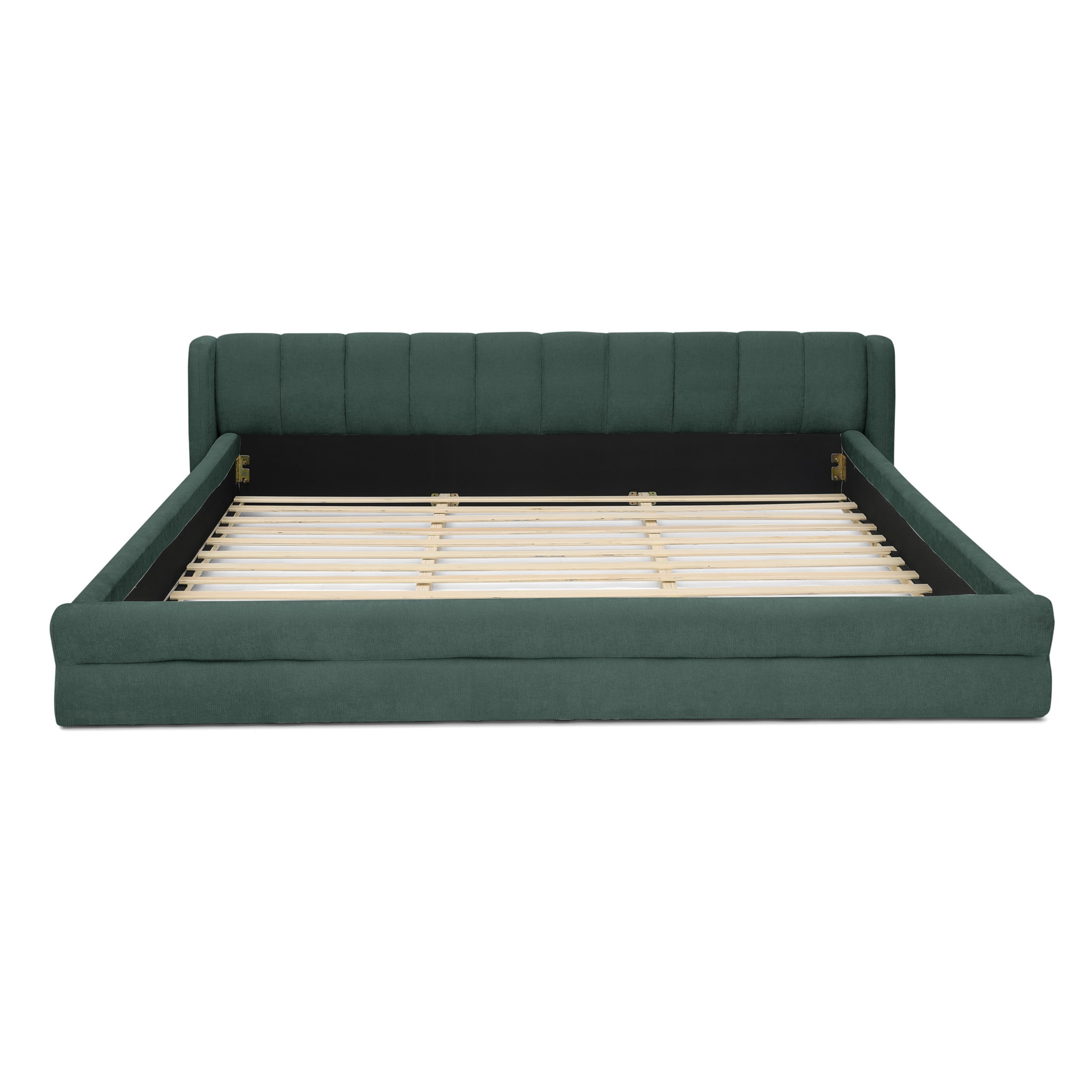 Noble House Heliox Modern King Size Grounded Bed Frame, Chenille Upholstered Platform Bed with Headboard, Blue Green