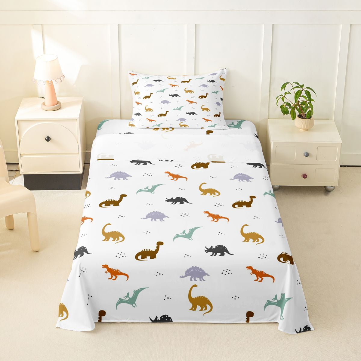 Homewish Cute Dinosaur Twin Sheets Cartoon Animals Theme Bedding White 3pcs 1 Fitted Sheet and 1 Pillowcase
