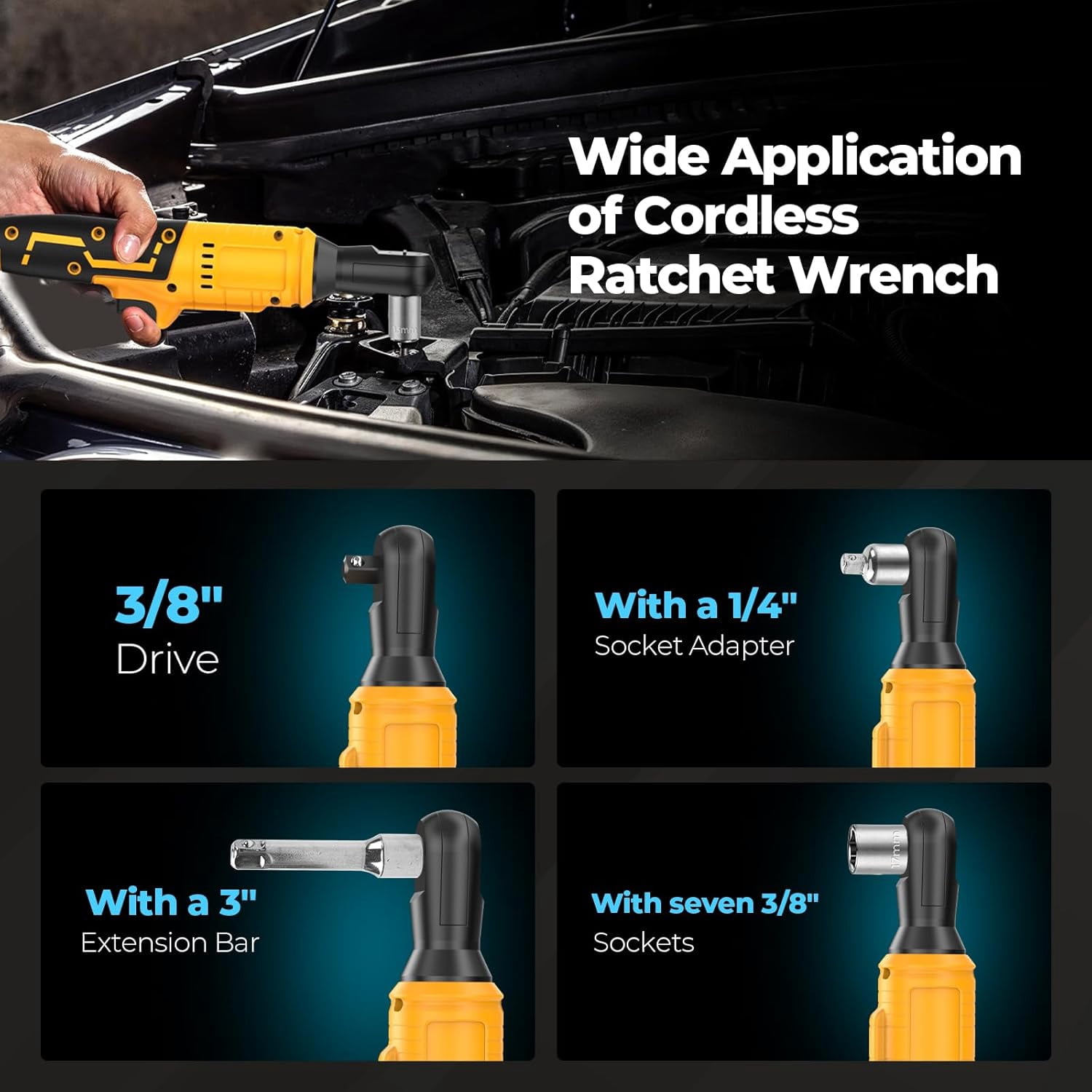 iMesheban 21V Electric Cordless Ratchet 3/8" &1/4" Right Angle Wrench Impact Power Tool w/2 Battery