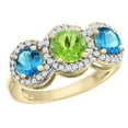 thumbnail image 1 of 14K Yellow Gold Natural Peridot & Swiss Blue Topaz Sides Round 3-stone Ring Diamond Accents, size 5.5, 1 of 2