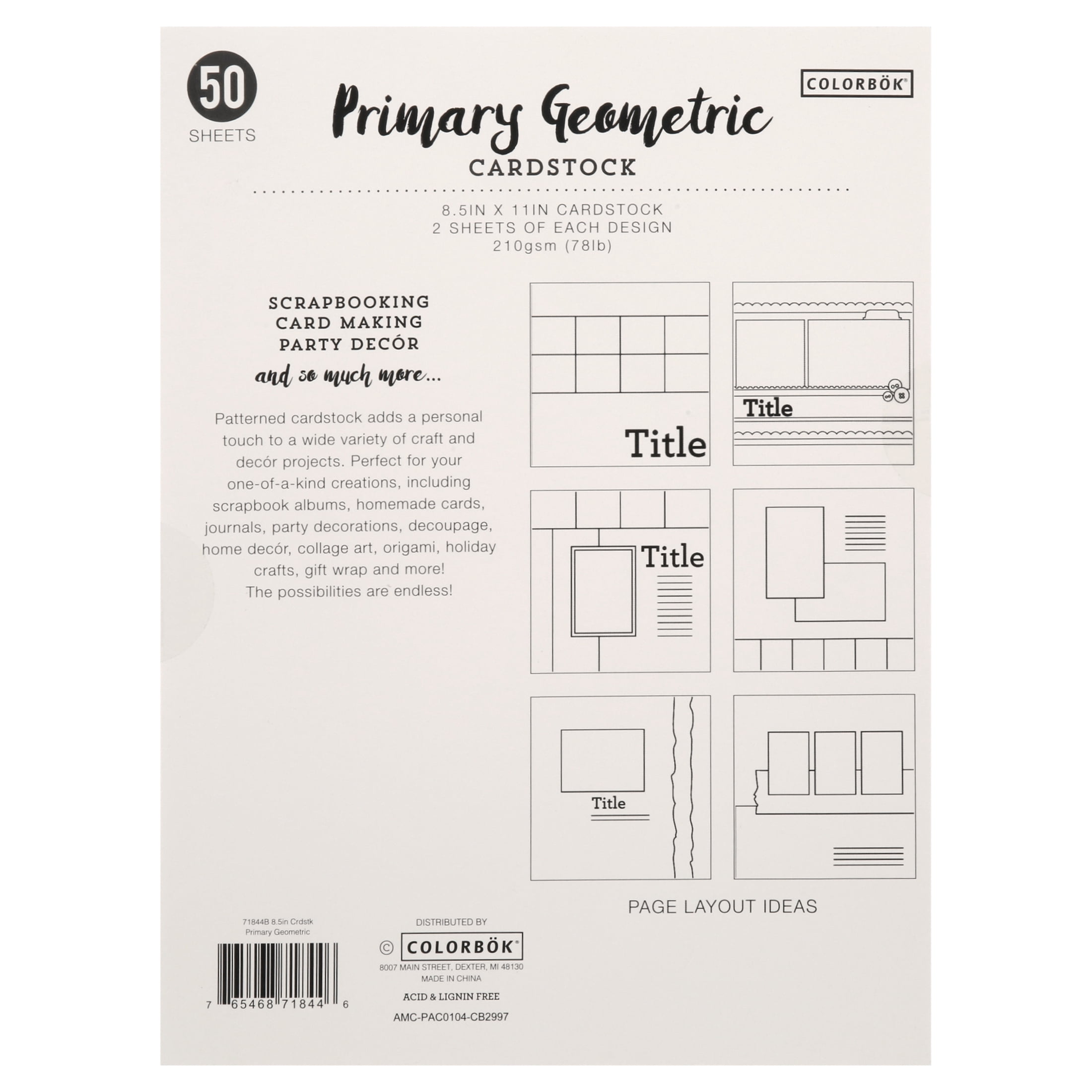 Colorbok Multicolor Primary Geometric Cardstock, 8.5"x11", 121 lb./180 GSM, 50 Sheets