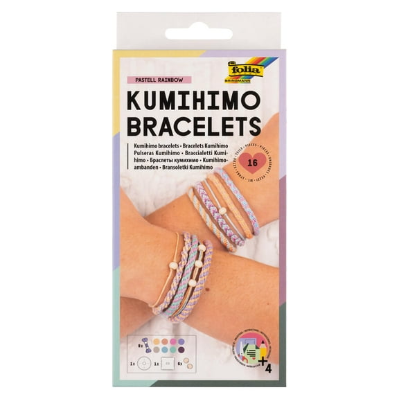 folia 32039 Kumihimo Bracelets Pastel Rainbow Craft Set for Bracelets 16 Pieces with Yarn, Latc