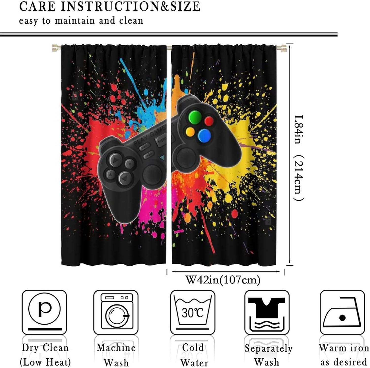 Gamepad Curtains for Boys Girls Kids Teens Colorful Game Controller Thermal Insulated Room Curtains for Living Room, 84x84 Inch Blackout