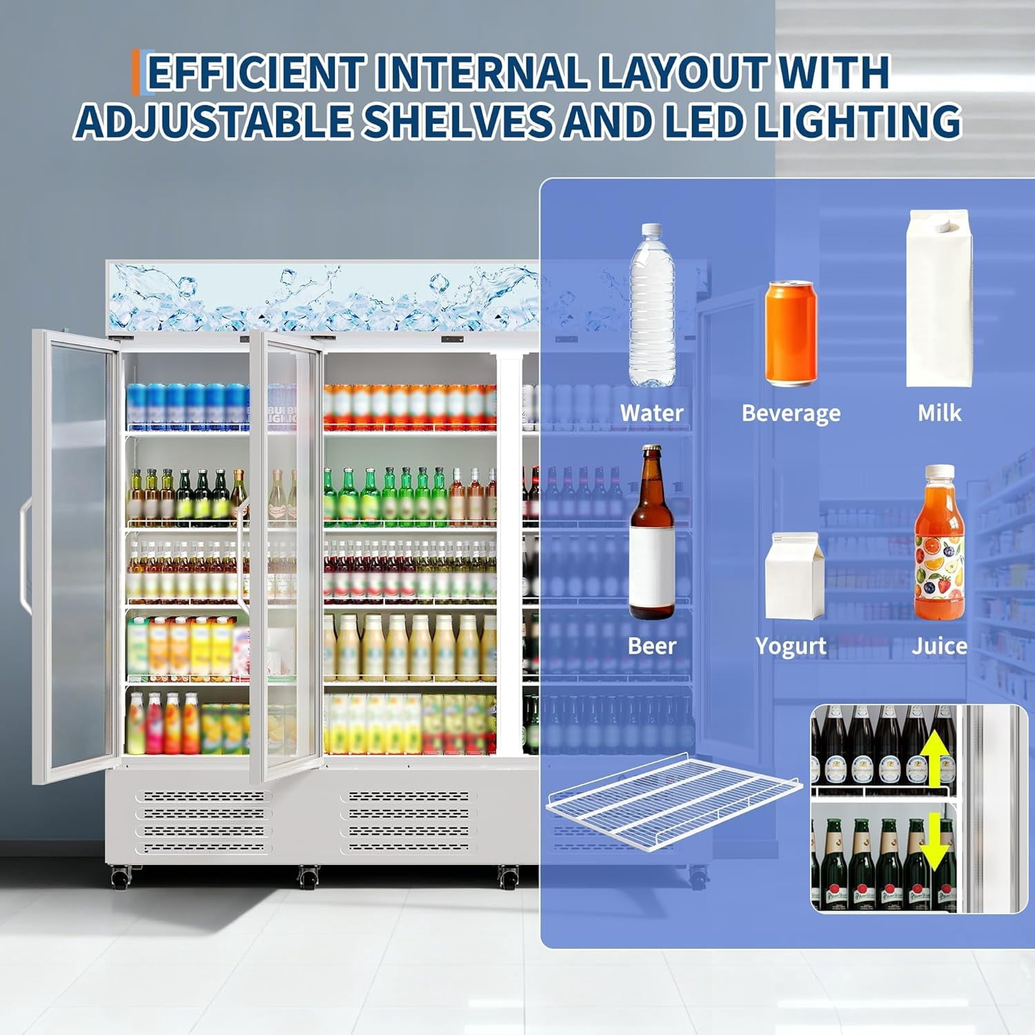 IdealHouse Commercial Refrigerator, Three Glass Door Display Beverage Fridge, 55 Cu ft Upright Beverage Cooler Merchandiser with Soft LED Light, Adjustable Shelves and Swivel Castors, Fast Cooling
