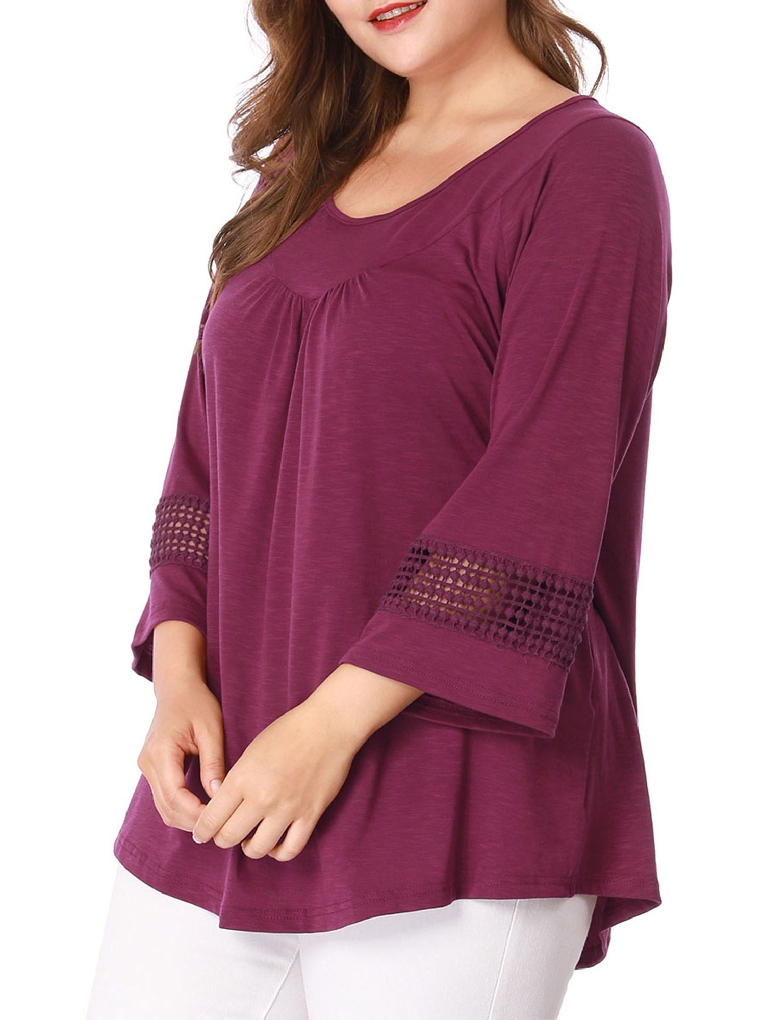 Unique Bargains Juniors' Plus Size Crochet Panel Kimono Raglan Sleeves Ruched Front Top Purple 2X