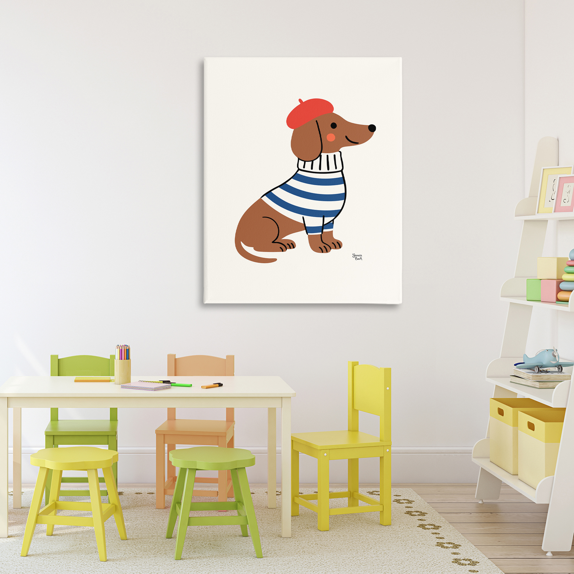 French Dachshund in Beret Canvas Wall Art, design by Jessica Beck
