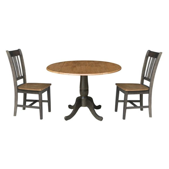 Wood 42 in. Round Drop Leaf Dining Table with 2 Chairs in Hickory/Washed Coal