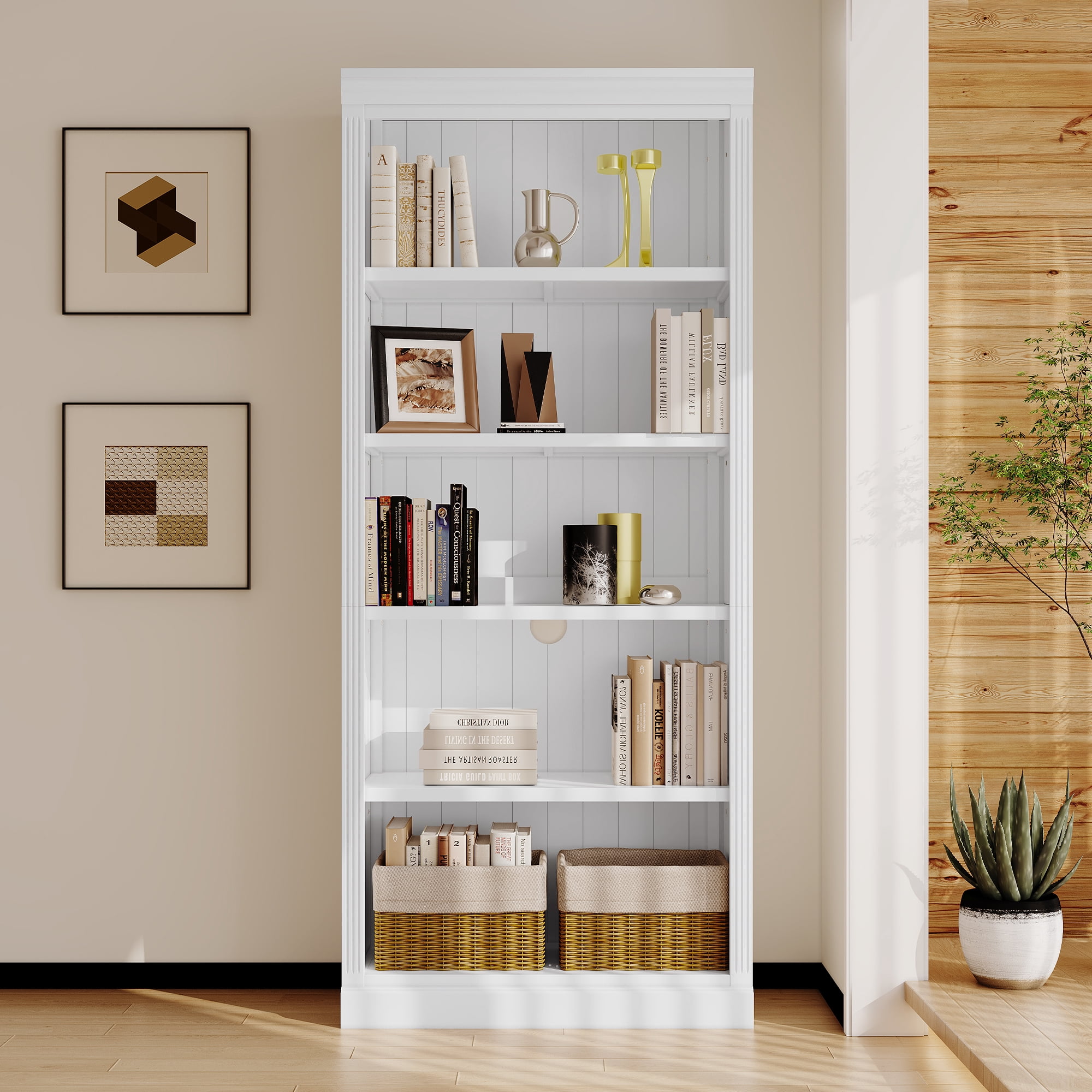 Euroco 83.4" Tall Wood Bookcase,5-Tier Home Decor Bookshelves with Adjustable Storage Shelves,Storage Organizer for CDs/Books/Movies,Free Standing Storage Shelves