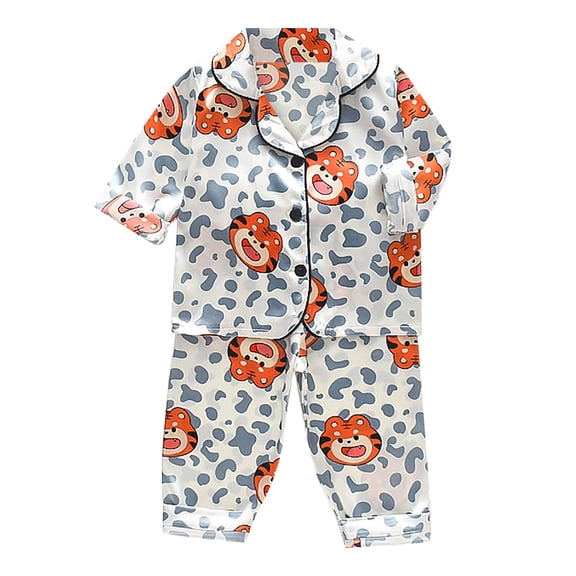 Ruyang Kids Cartoon Bunny Satin Pajama Set Easter Day Sleepwear Long Sleeve Button Down Nightshirt Pants 2Pcs Outfits