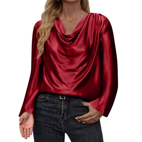 Byworldtasic Womens Satin Blouse Cowl Neck Draped Silky Long Sleeve Dressy Tops Fall Trendy Business Casual Clothes