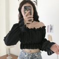 thumbnail image 4 of Autumn Women Puff Sleeve Blouses Solid Color Long Sleeve Off Shoulder High Waist Shirt, 4 of 6