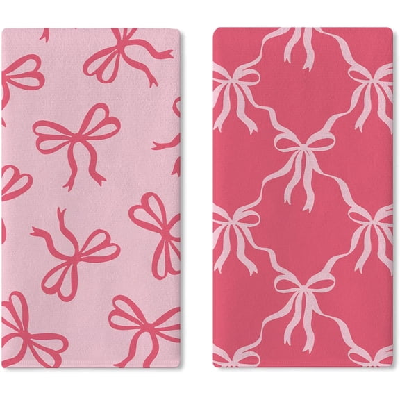 Pink Bow Kitchen Dish Towels Set of 2, Coquette Ribbon Preppy Drying Hand Towel Baking Cooking Cloth, Aesthetic Girly Bathroom Home Decoration Gift for Girls Women 18'' x 26''