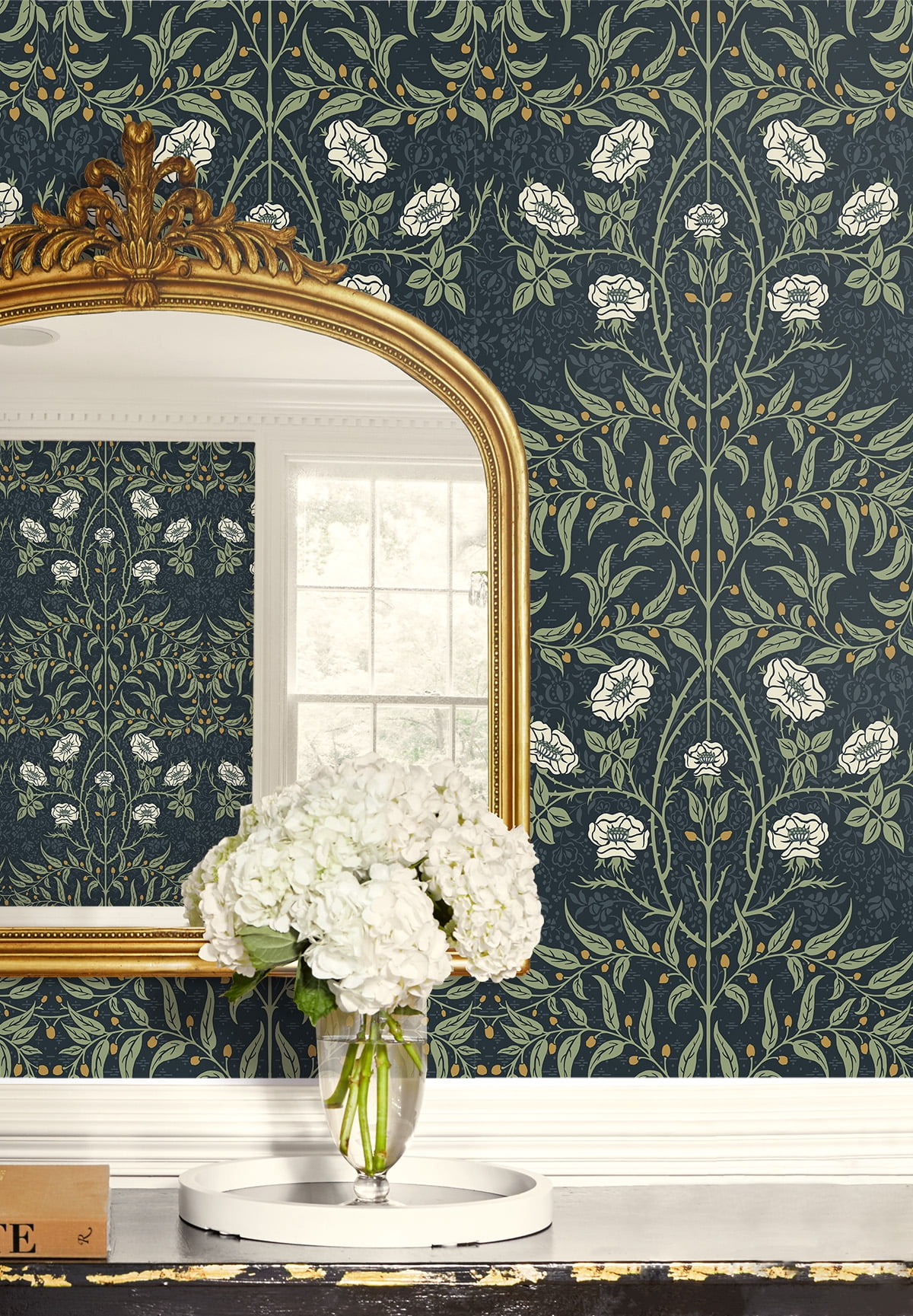 Seabrook Designs Navy & Sage Stenciled Floral Prepasted Wallpaper