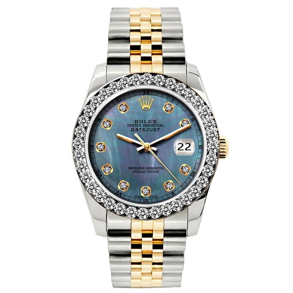 Pre-Owned Rolex Datejust 26MM 69173 Blue Mother of Pearl Diamond Dial Diamond Bezel Two Tone Yellow Gold Jubilee Bracelet 1.2ct