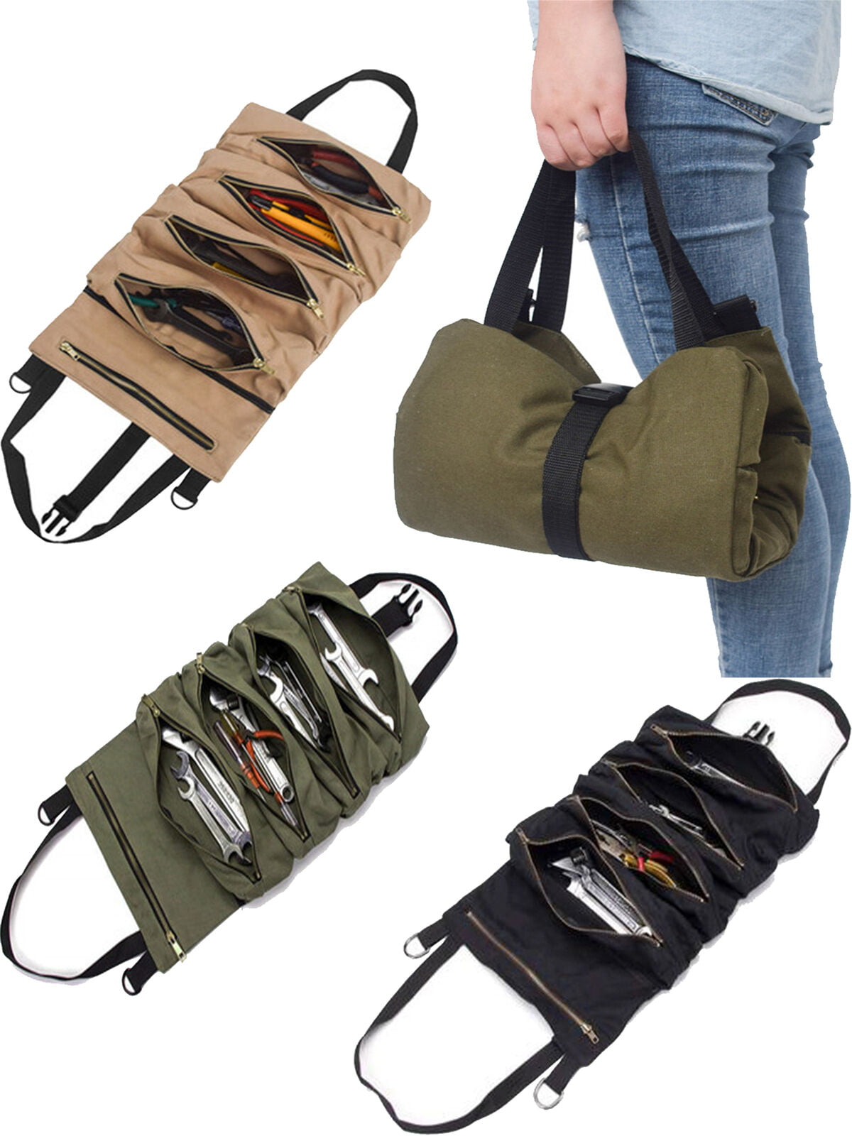 LT_ Tool Roll Up Bag Canvas Wrench Storage Pouch Carrier Car Back Seat Organiz 