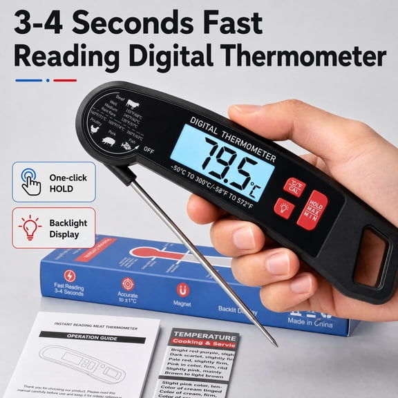 YTAKY Meat Thermometer, Instant Read Digital Meat Thermometer Waterproof -58 to 572°F with Backlight, Black