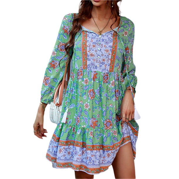 Txlixc Vestido de mujer, 3 / 4 - Manga V - neck, con flecos y flecos, vestido de estilo bohemio impreso Txlixc moda