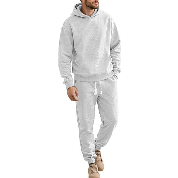SGMVNU Tracksuit Men 2 Piece Set Men's Loose Casual Sports Long Sleeved Trousers Jacquard Hooded Sweatshirt Suit Winter Jogging Suit(White, M)